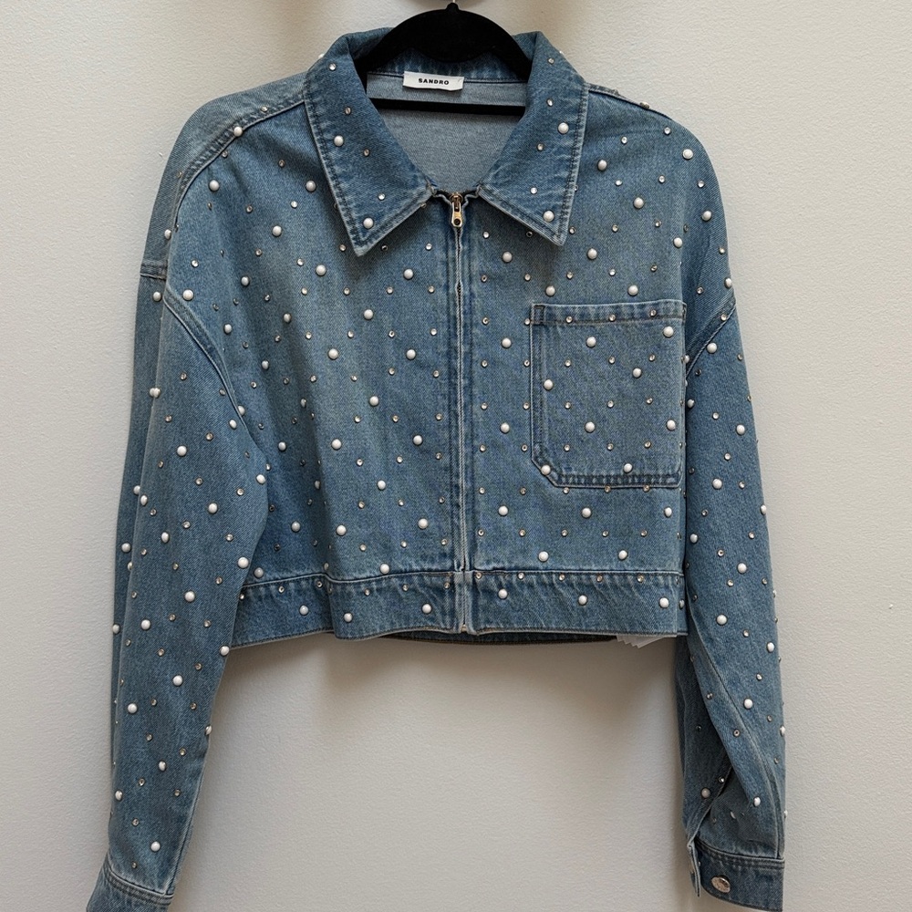 Sandro Light Blue Studded Jean Jacket - Picture 2 of 5